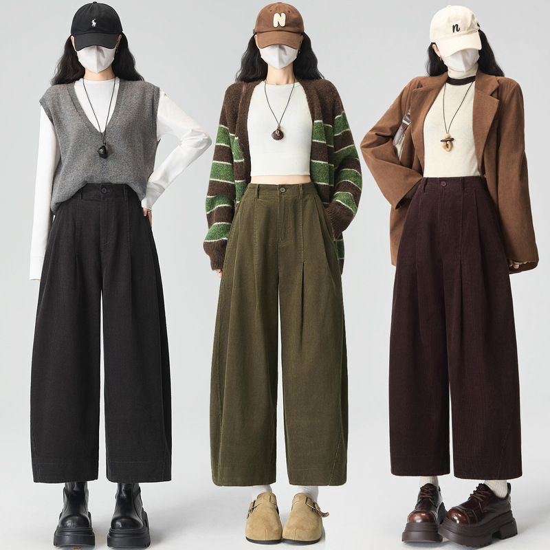 Corduroy balloon pants, straight-leg casual pants for women, 2026 autumn/winter new collection, relaxed and casual, cropped wide-leg pants Corduroy balloon pants, straight-leg casual pants for women, 2026 autumn/winter new collection, relaxed and casual, cropped wide-leg pants