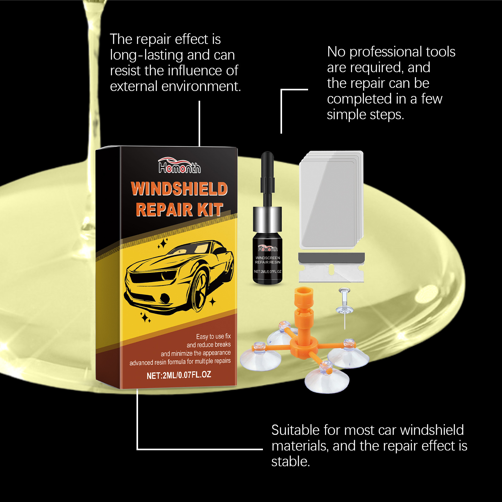 Cross-Border Homonth Windshield Repair Kit Car Windshield Repair Fluid for Glass Restoration