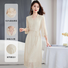 丝缕画境中大淑女装定制100%丝桑蚕顺宇绣花五分袖真丝连衣裙9128