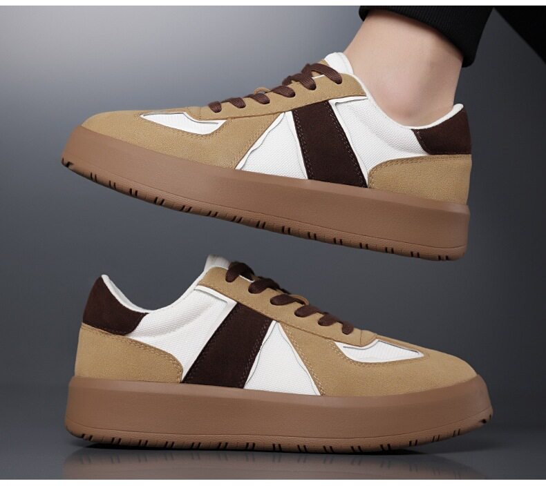 Giày sneaker nam cổ thấp phối màu, mũi tròn, đế cao su, thoáng khí, dây buộc — Màu lạc đà, Màu trắng chi tiết 13