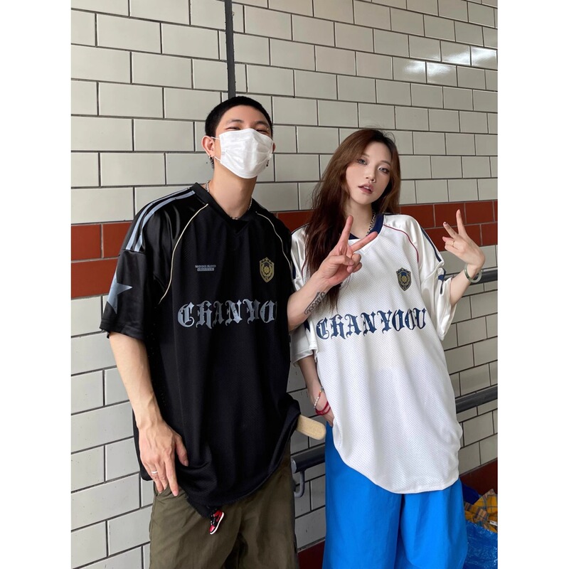 Cross-border Sports Leisure V-neck Short-sleeved T-shirt Men's Summer Breathable Sweat-wicking Mesh Loose Top Trendy Brand Letter Stitching