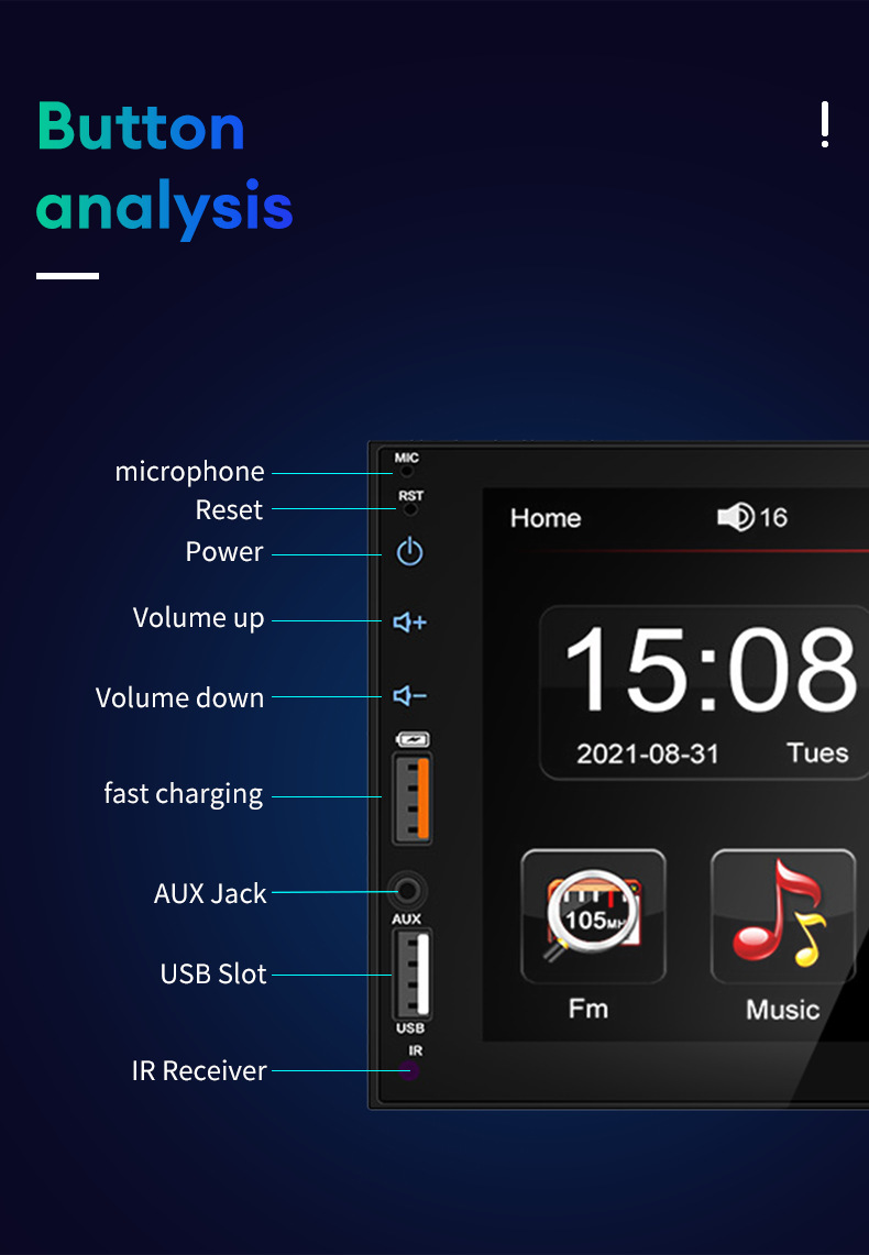7101 Car Mp5 Bluetooth Player with High-Definition Touch Screen, Reversing Image, Fm Radio, Dual USB Ports