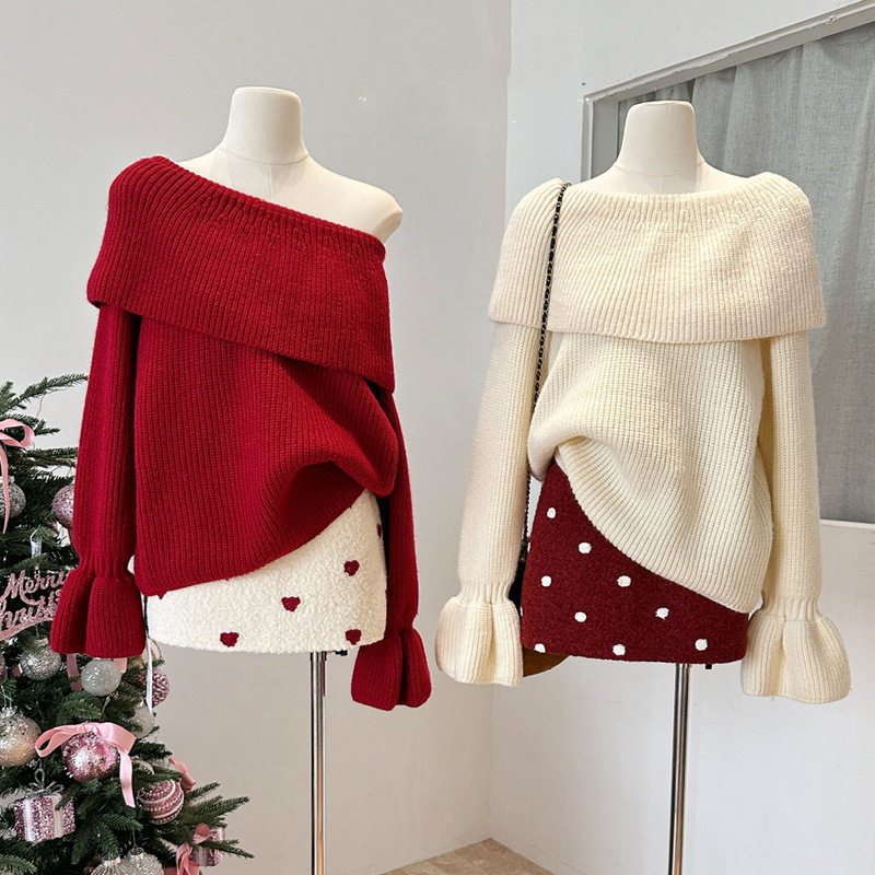 Ys Autumn and Winter New Year Atmosphere Large Lapel One-Shoulder Ruffle Sleeve Christmas Red Sweater Two-Color Knit Top