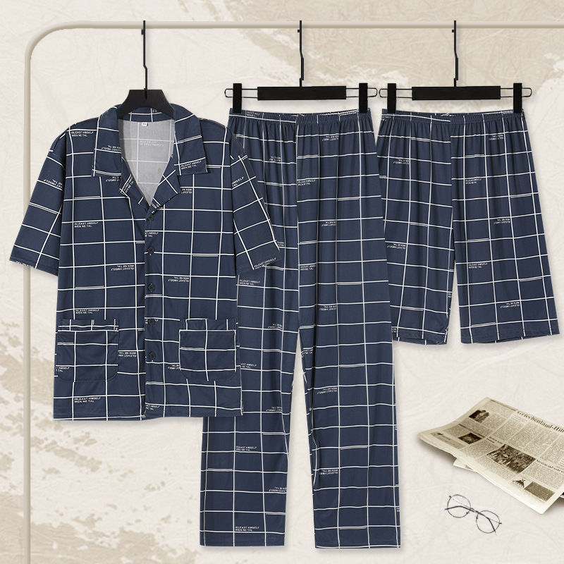 Pijamas de tres piezas para hombre verano 100% algodón pantalones de manga corta traje Delgado verano dibujos animados más tamaño homewear