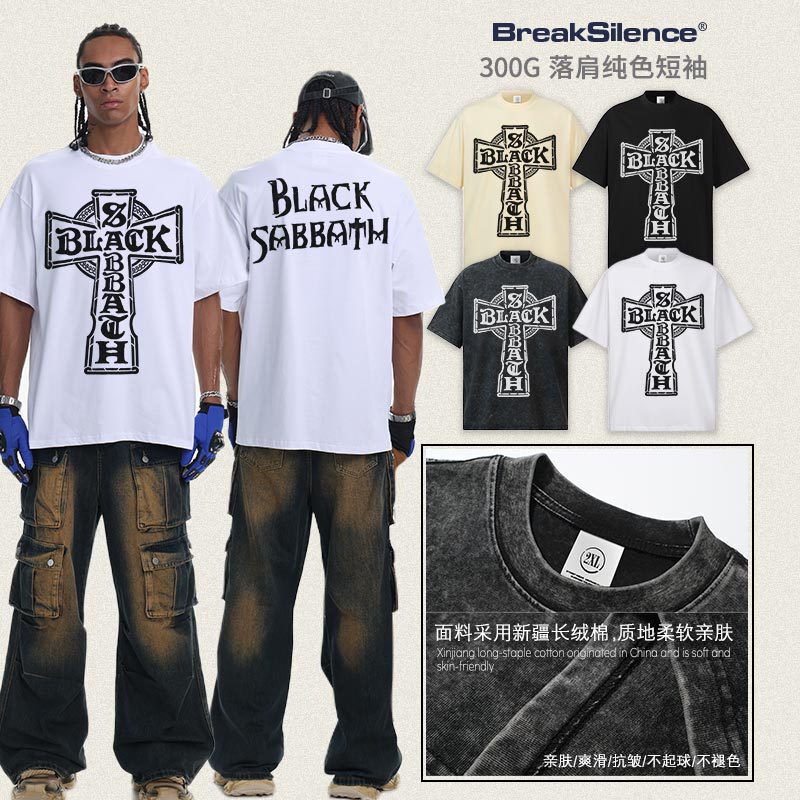 2026 Cross-Border Black Sabbath Summer American-Style Short-Sleeve Knit Cotton Drop-Shoulder Solid Color Men's Short-Sleeve Shirt