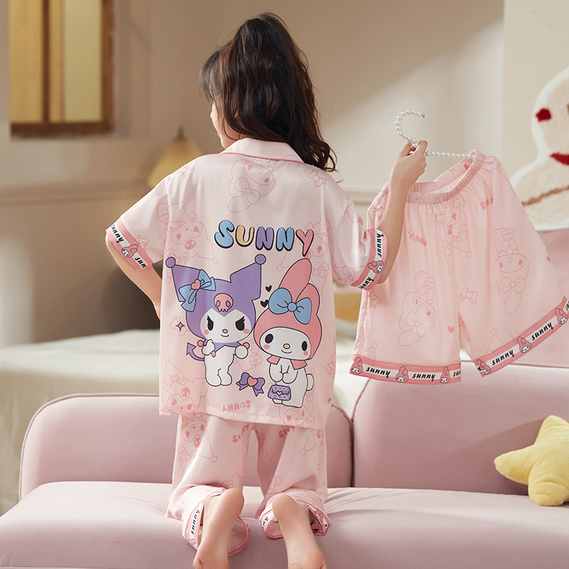 Children's Ice Silk pajamas girls' summer thin short-sleeved trousers air conditioning clothes three-piece suit girls' silk homewear