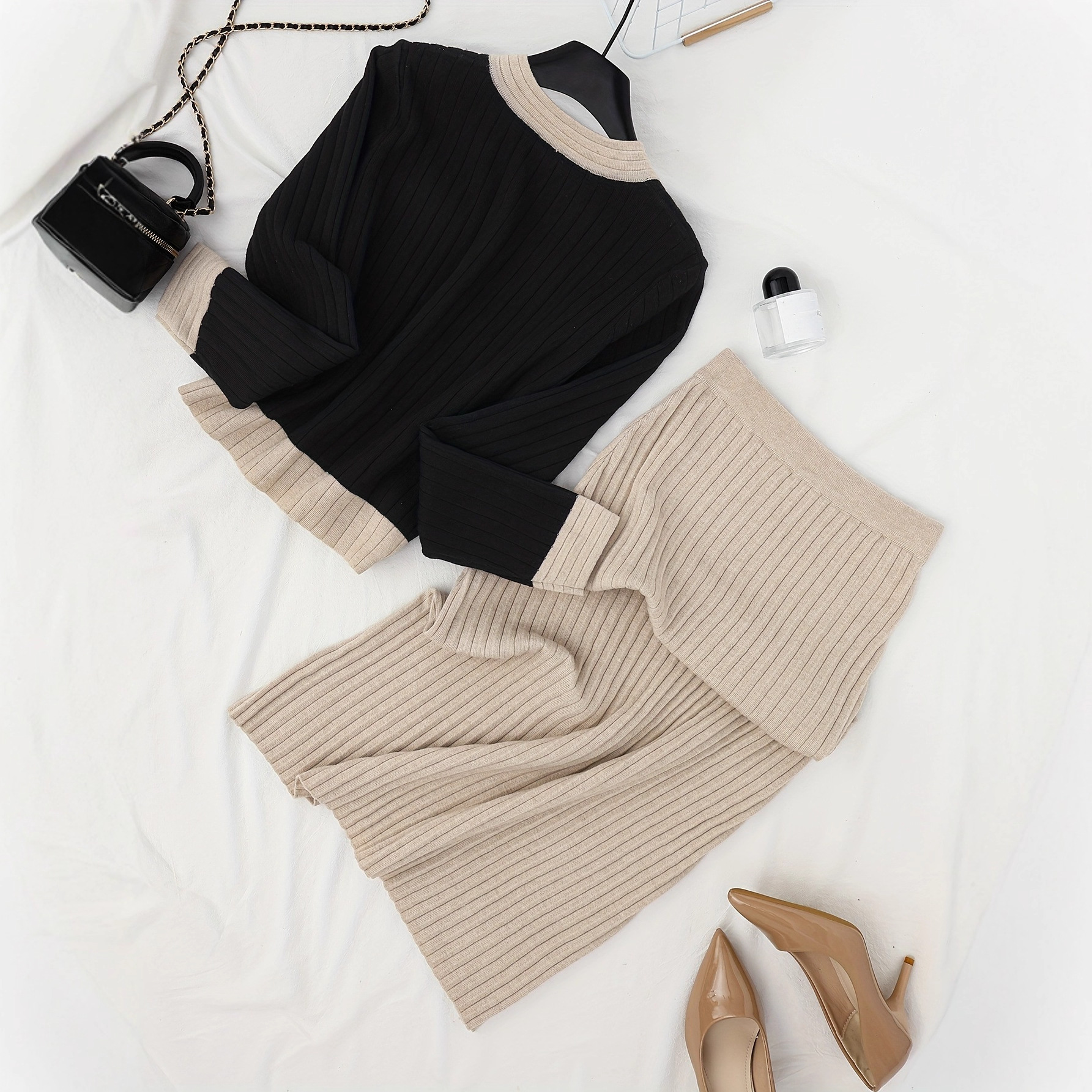 Elegant Knit Sweater & Solid Maxi Skirt Set – Color-Blocked Long Sleeve Top With Flowy Skirt_voghion.com