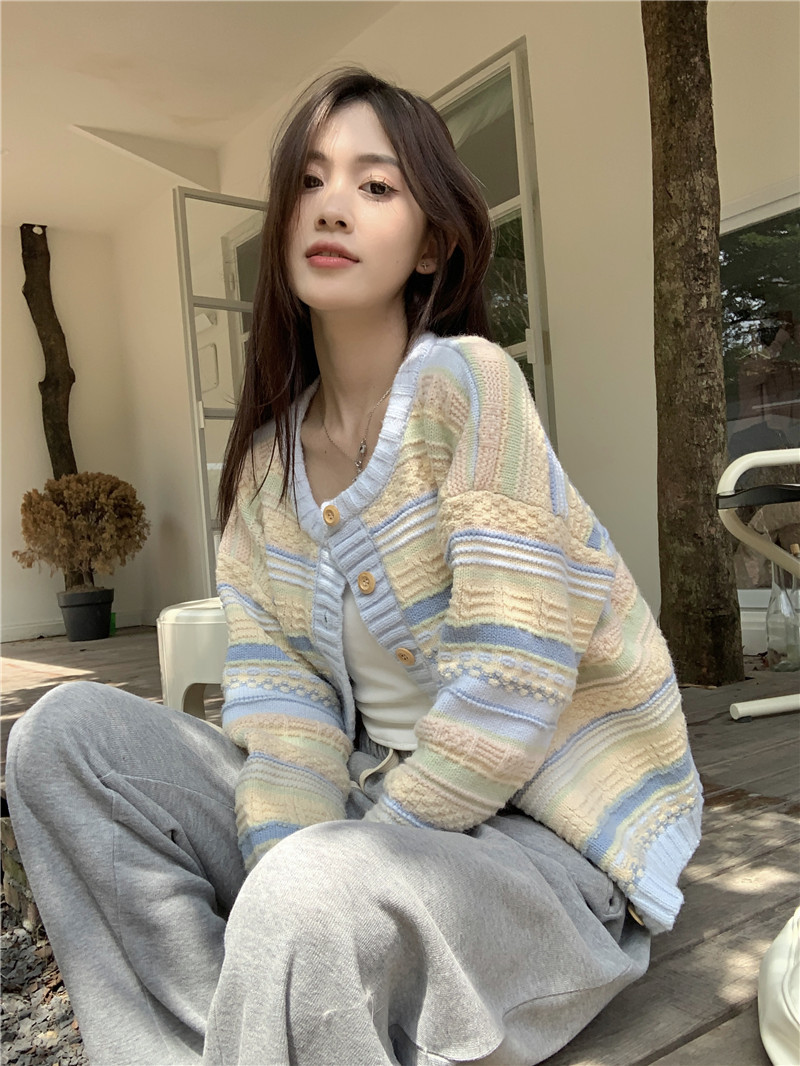 K New Loose Striped Cardigan Versatile Knitted Sweater Thin Open Cardigan For Women_voghion.com