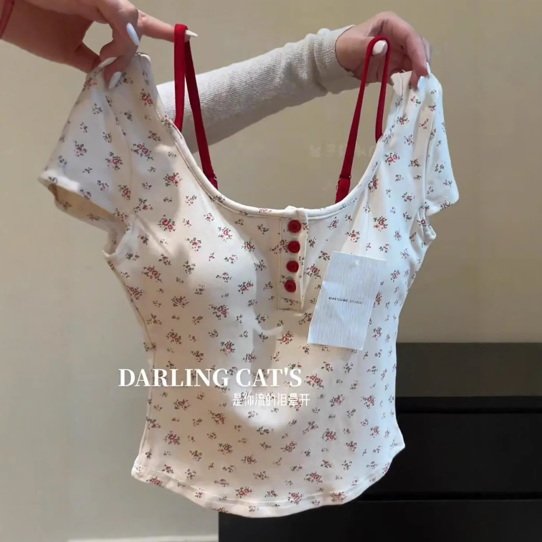 Pure Desire Style Fake Two-piece Short-sleeved T-shirt Camisole Women's Pure Cotton Belt Chest Pad Free Bra Base Top for Summer