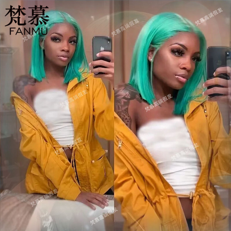 Swiss Front Lace Human Hair Short Bob Wig 13X4 Lace Front Green Women's Human Hair Wig