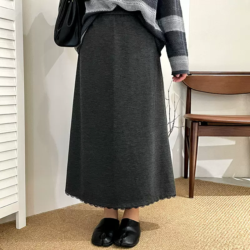 大码女装松紧直筒a字裙拼接花边半裙2025秋胖mm百搭半身裙NQ1269