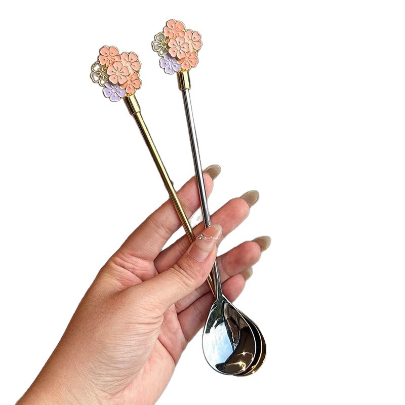 Cuchara de postre para café Sakura Ins, ligera, de lujo, de acero inoxidable 304, con mango largo y revolvimiento de alto valor._voghion.com