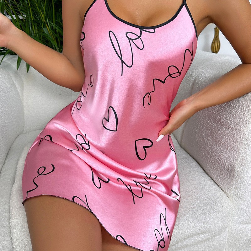 Cross-border Summer Silk Ice Silk Nightdress Sleeveless Skirt Sling Skirt Sexy Pajamas Women's Thin Printed Home Clothes