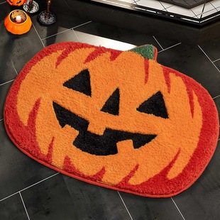 Halloween Pumpkin Smiley Bathroom Flocking Floor Mat Bedside Cashmere Carpet Absorbent Non-Slip Living Room Carpet