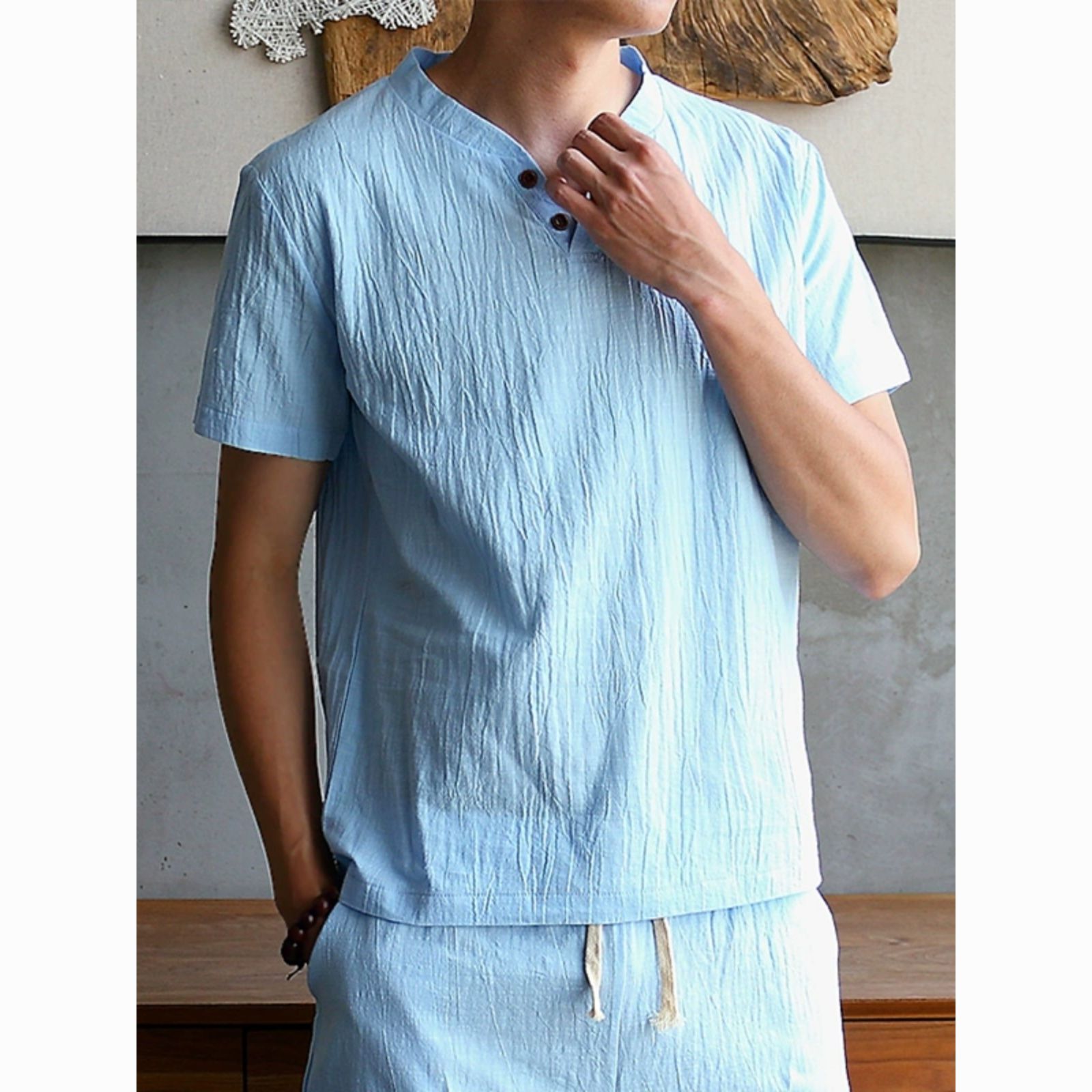 Summer Linen Short-Sleeved Ice Silk T-Shirt Suit Men's Pure Color V Neck Chinese Style Top Cotton and Linen Han Dynasty Casual Half-Sleeve
