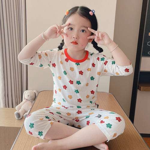 Summer new children's pajamas set boys and girls home clothes three-quarter sleeves air-conditioned clothes for boys and girls, small and medium-sized children