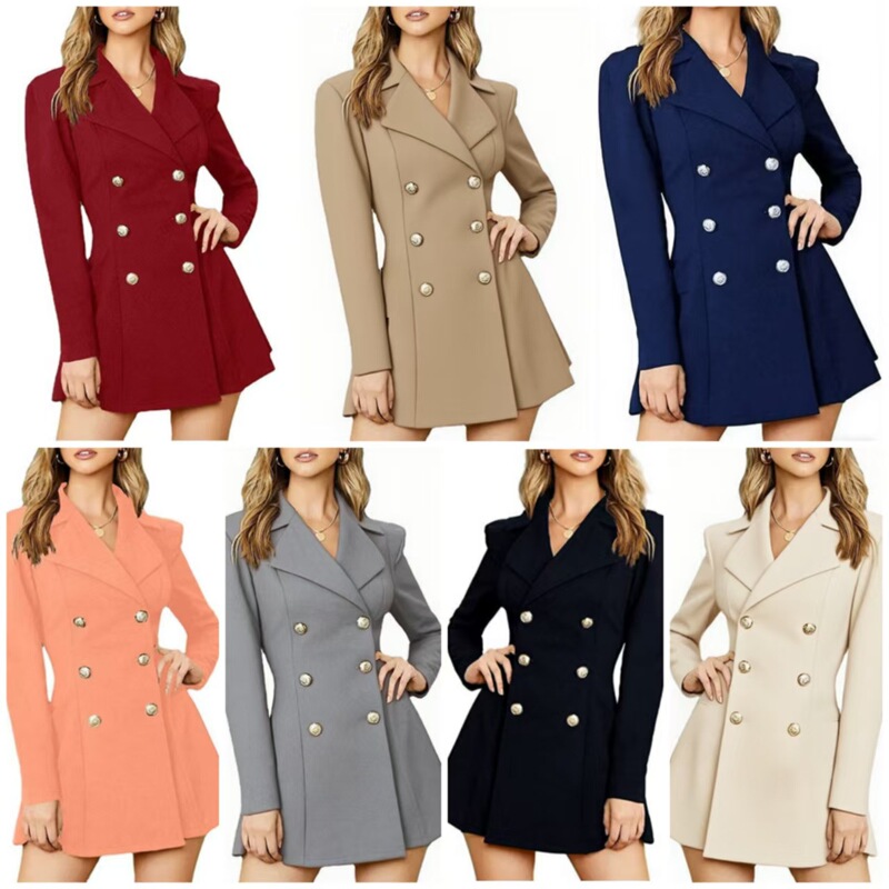 2025 Autumn European and American Cross-Border Foreign Trade Women's Suit Elegant Mid-Length Double-Breasted Blazer