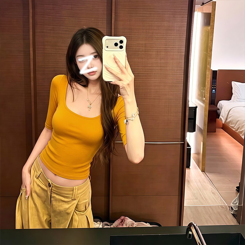 Yellow U-Neck Short-Sleeve T-Shirt for Women, Summer 2026 New Style, Pure Desire Style, Tight-Fitting, Sexy, Short, Crop Top Yellow U-Neck Short-Sleeve T-Shirt for Women, Summer 2026 New Style, Pure Desire Style, Tight-Fitting, Sexy, Short, Crop Top