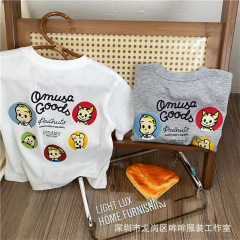 100% Pure Cotton Short Sleeve Children's Summer New T-shirt Unisex (Boys and Girls) Cartoon Orihama Treatment Print Half Sleeve Crew Neck Shirt