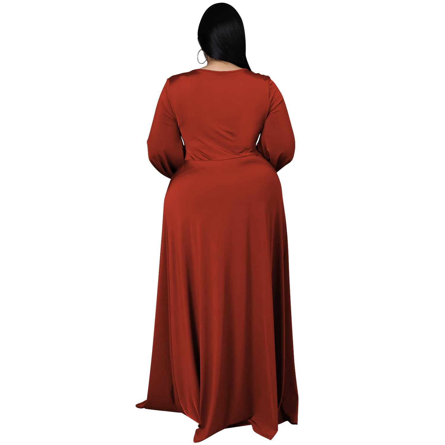 Solid Color Plus Size V-Neck Long-Sleeved Hollow Split Lace-Up Dress With-Separate-Panty NSXYZ110900