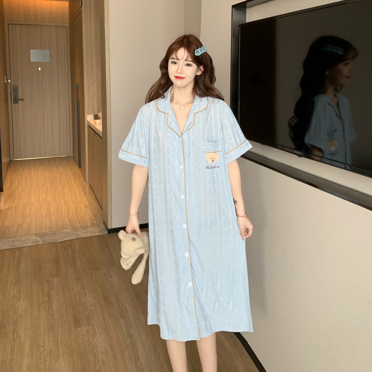 衬衫睡裙女夏季短袖薄款提花开衫连体睡衣女甜美透气家居服可外穿