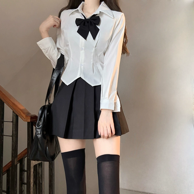jk收腰衬衫白色弹力显瘦衬衫灰色纯欲辣妹风jk制服百褶裙套装女夏
