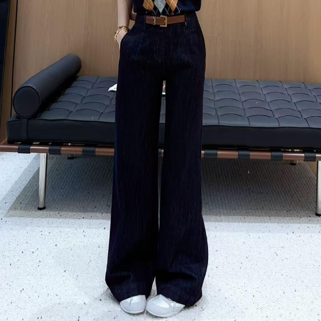 深蓝色显气质直筒西裤高腰显瘦阔腿牛仔裤南油秋季女高定垂感长裤