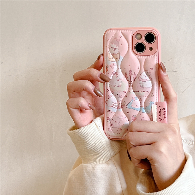 Estilo coreano lindo Oso de dibujos animados conejo abajo chaqueta adecuado para iPhone14 Apple 15PROMAX teléfono caso 13 mujeres