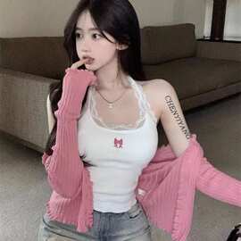 欲风白色蕾丝吊带上衣女夏季新款修身辣妹背心短款时尚打底上衣