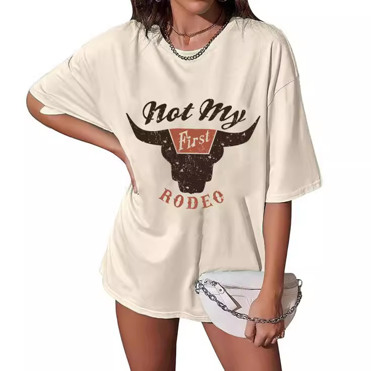 Foreign trade women's tops cross-border e-commerce Amazon Western style Denim OVERSIZE printed colored cotton T-shirt