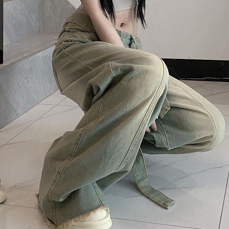 美式复古牛仔裤女新款春夏做旧绑带设计感ins风水洗显瘦阔腿长裤|undefined