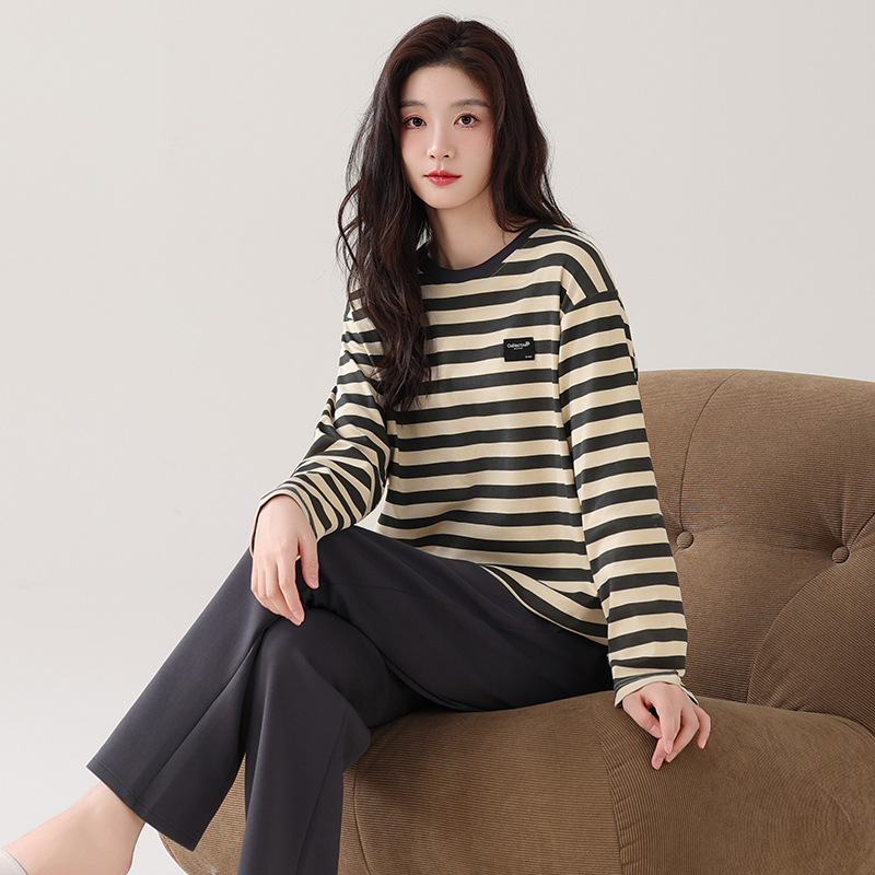 Neutral Style Retro Simple Pajamas for Women with Breast Pads to Prevent Embarrassment Pure Cotton Breathable Long-Sleeved Pants Home Clothes Neutral Style Retro Simple Pajamas for Women with Breast Pads to Prevent Embarrassment Pure Cotton Breathable Long-Sleeved Pants Home Clothes