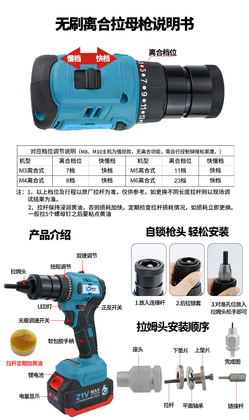 无刷离合拉母枪说明书速豹标