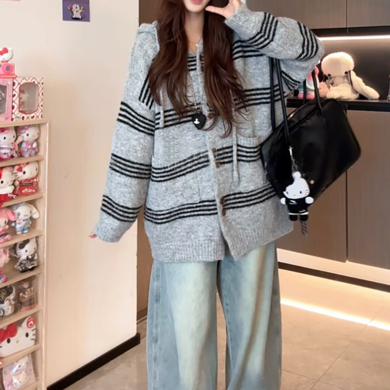 软糯慵懒风拼色条纹连帽2025秋冬毛衣女长袖宽松大码针织开衫外套|undefined