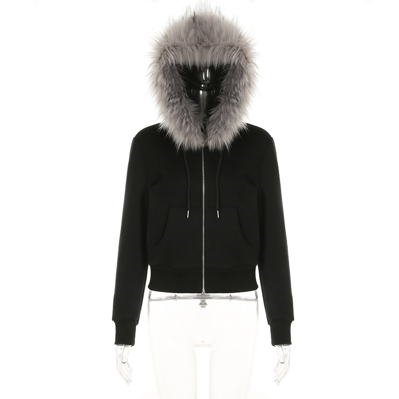 Street Retro Hooded Furry Splicing Coat Winter Slim Fit Warm Double Headed Zipper Cardigan Sweatshirt