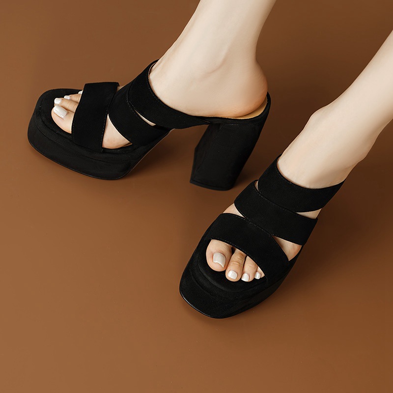 Sandal cao gót nữ hở mũi gót thô 12 cm đế dày phong cách La Mã — đen
