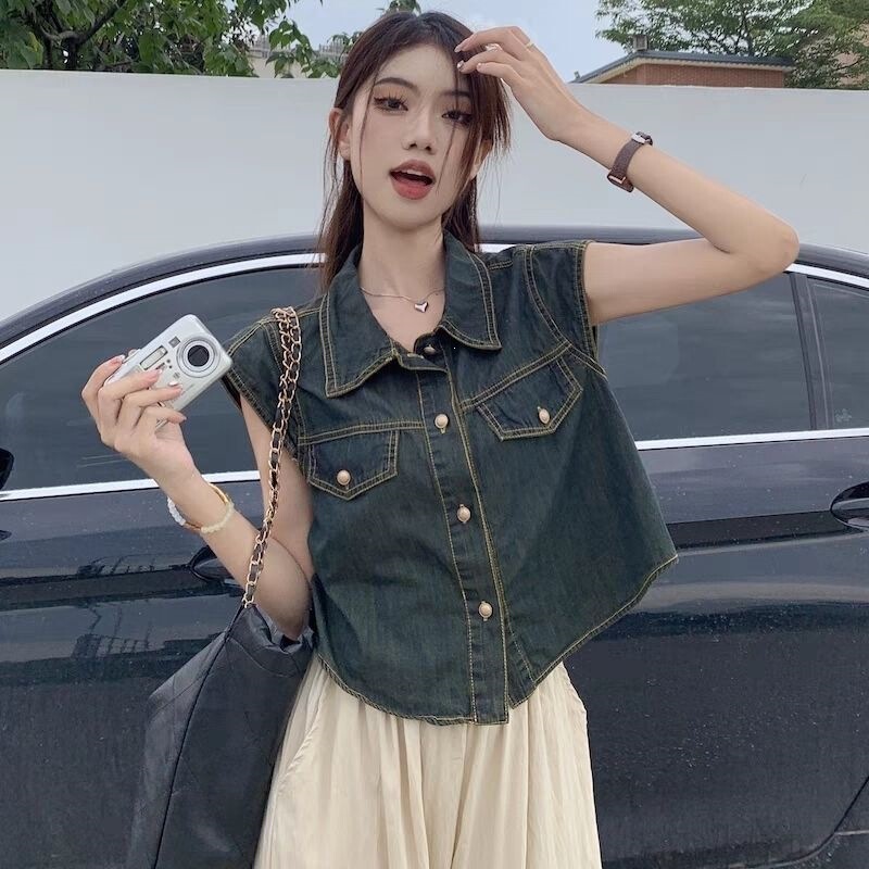 Shanlida Di Retro Denim Shirt for Women, Summer Style, Petite Size, Turn-Down Collar, Irregular Design, Short Style, Small Fly Sleeve Shanlida Di Retro Denim Shirt for Women, Summer Style, Petite Size, Turn-Down Collar, Irregular Design, Short Style, Small Fly Sleeve