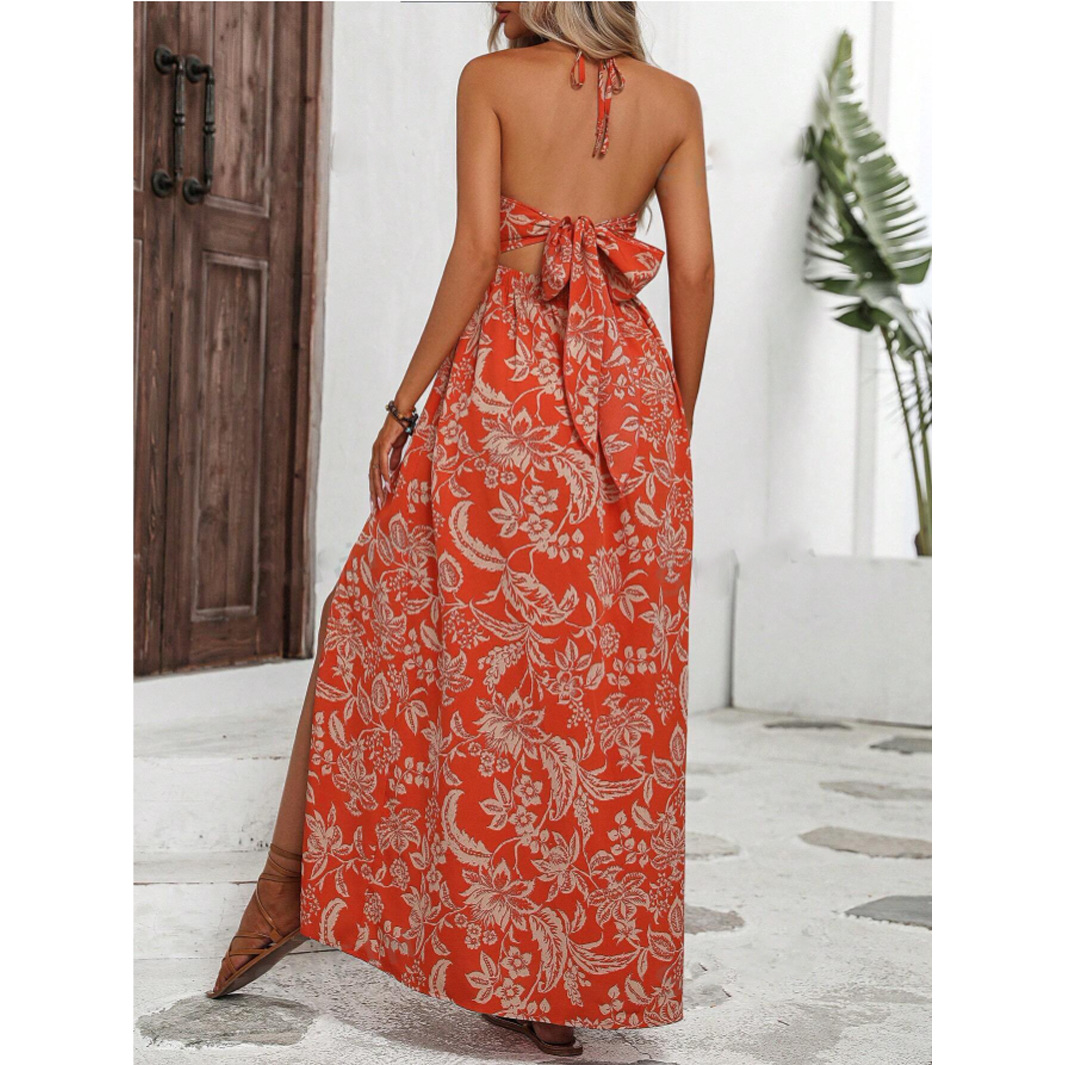 Women Summer Printed Twist Front Chest Back Tied Spaghetti Strap Dress