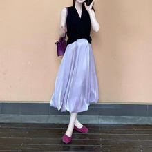 夏季女款盐系穿搭茶歇法式绝美高级休闲黑色上衣紫色半身裙两件套