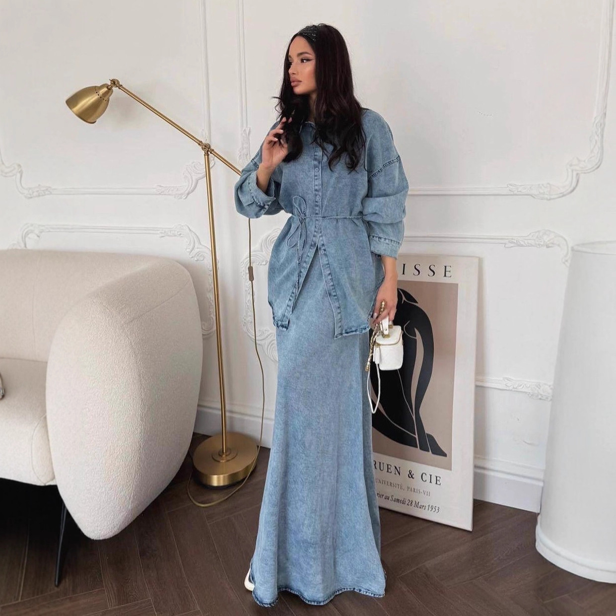 2025 Cross-Border European and American Middle Eastern Autum Waist-Cinching Elegant Sports Hip Skirt New Cardigan Jacket Denim Women's Clothing