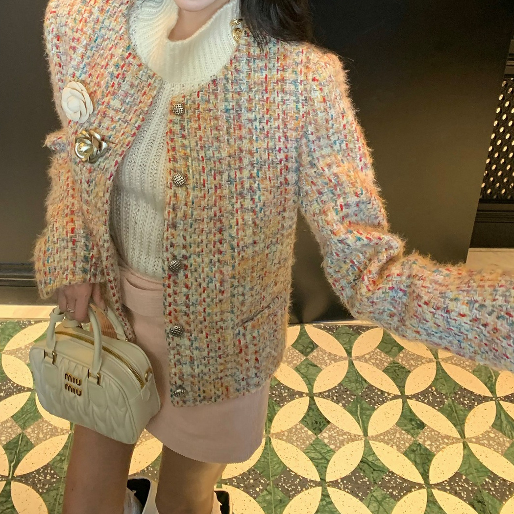 2025 Autumn and Winter New Ready-Made Korean Style Small Fragrant Short Outwear Women's Autumn and Winter Wool Tweed Top