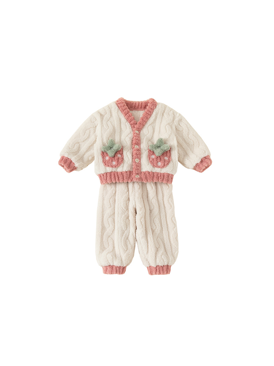 Youbao Ropa Infantil Conjunto de Pijama para Niñas Otoño e Invierno Conjunto de Dos Piezas de Suéter de Felpa con Estampado de Fresas para Niños DT23200
