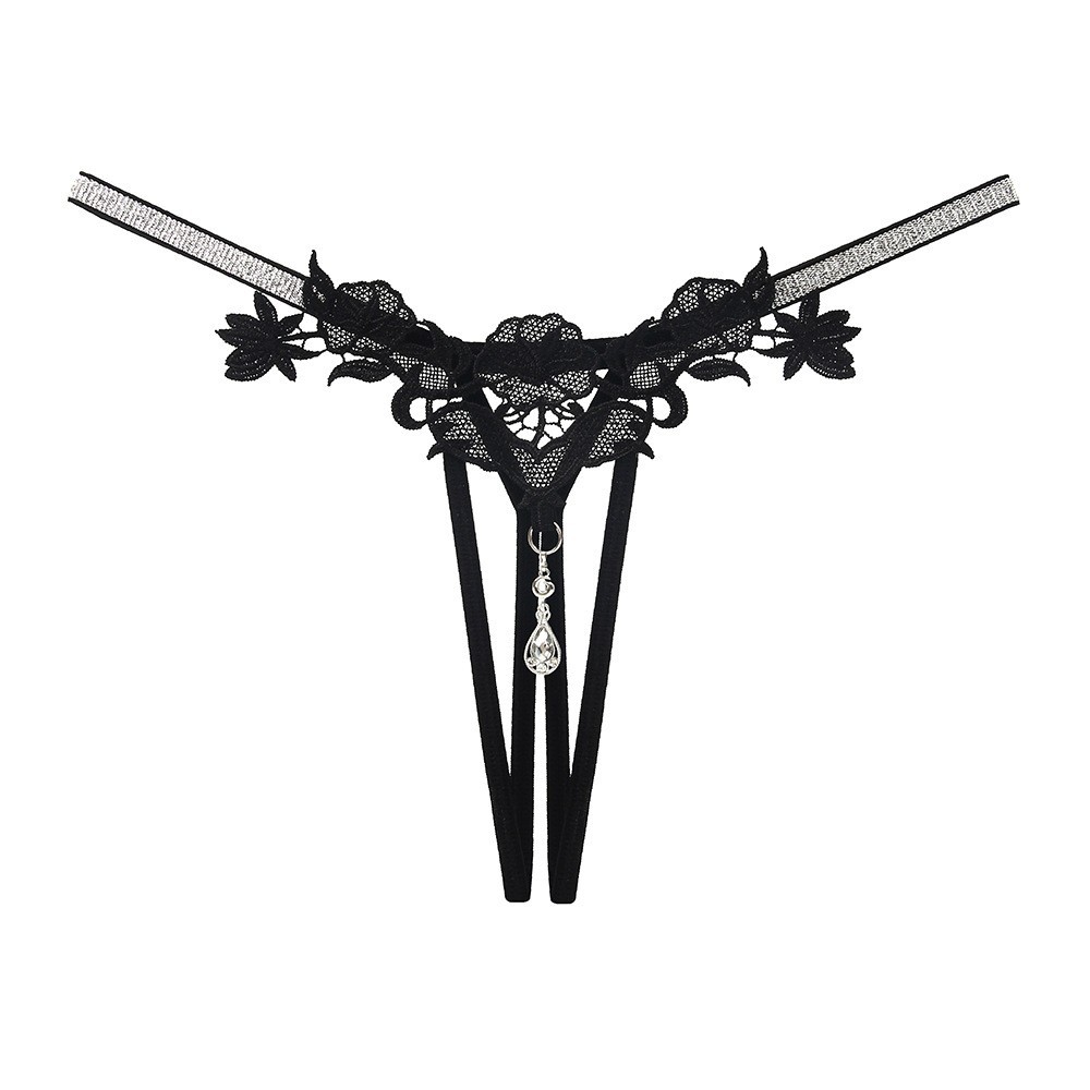Women’s Rhinestone Open-File Thong in Wine Red, Hollow Embroidered Nylon, One Size — detail image 8