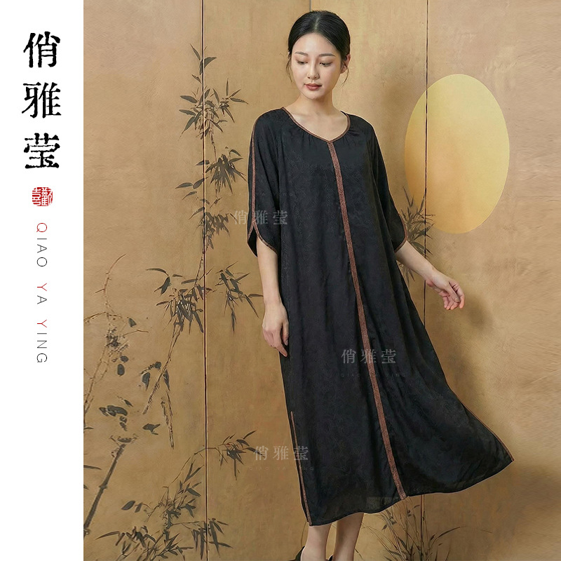 【墨华裳】中老年女装夏装新款香云纱连衣裙宽松大码妈妈装裙子