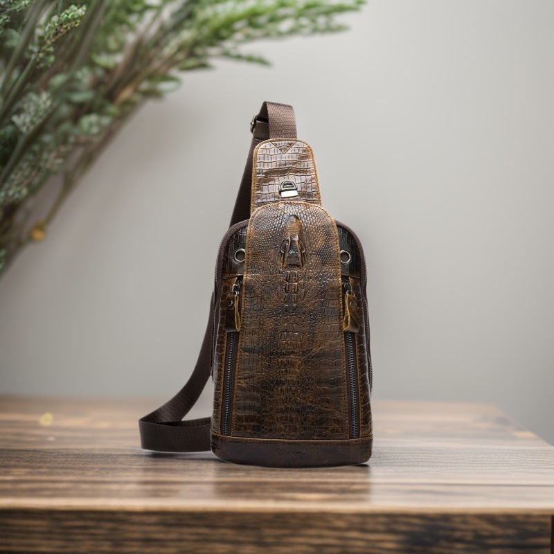 Retro Fashion Men's Chest Bag High End Top Grain Cowhide Genuine Leather Crocodile Pattern Casual Shoulder Bag For Men In Black/Brown_voghion.com