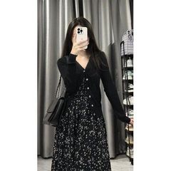 时尚套装女夏季薄款长袖防晒开衫外穿女法式碎花吊带连衣裙两件套