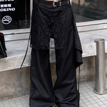 美式复古黑色高腰假两件休闲裤女2025夏季遮臀裙显瘦西装喇叭长裤