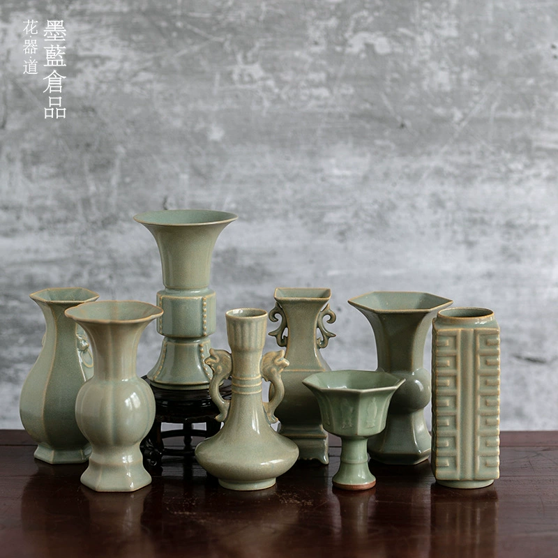 Антикварная Маленькая ваза Celadon Украшения Керамический сосуд для цветов Винтаж дзен Стиль Китайский Японский Стиль Цветочная дорожка для цветов установить сосуд в бутылку