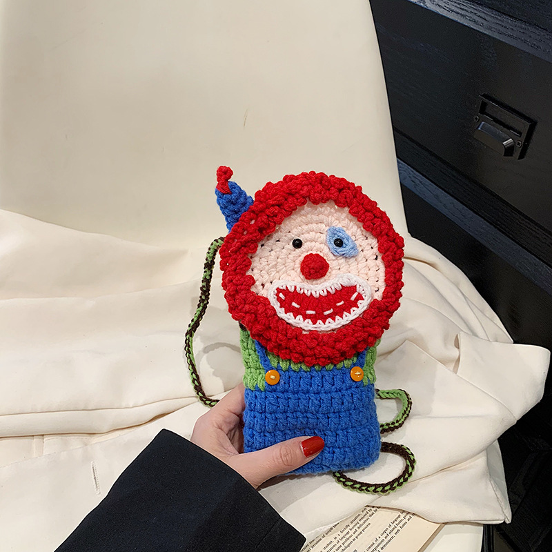Bolso de hombro de la muñeca del payaso de los niños moda bebé de lana de dibujos animados monedero pequeña niña tejida a mano bolsa de mensajero