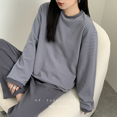 秋冬磨毛新款圆领长袖可外穿家居服女肯豆风松弛感条纹家居服套装